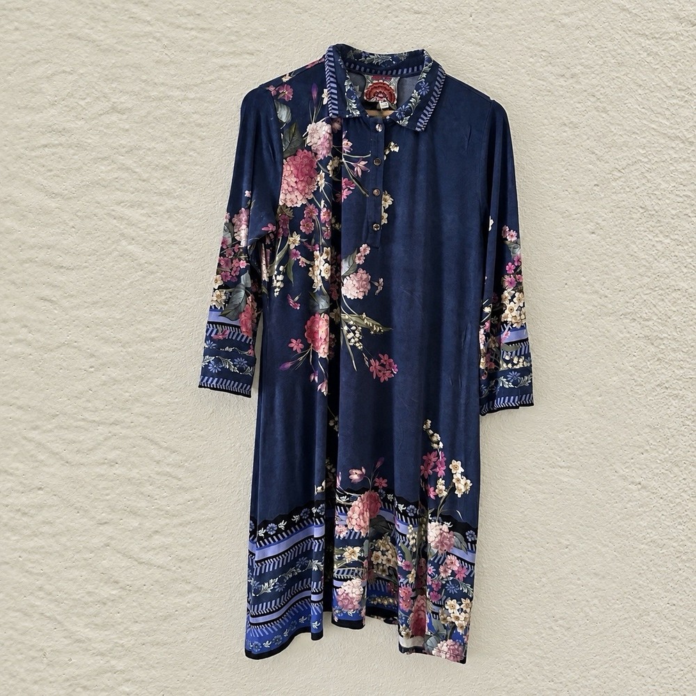 Johnny Was Janie Favorite Midi Dress Willowa Polo Tunic Size Medium Blue Boho